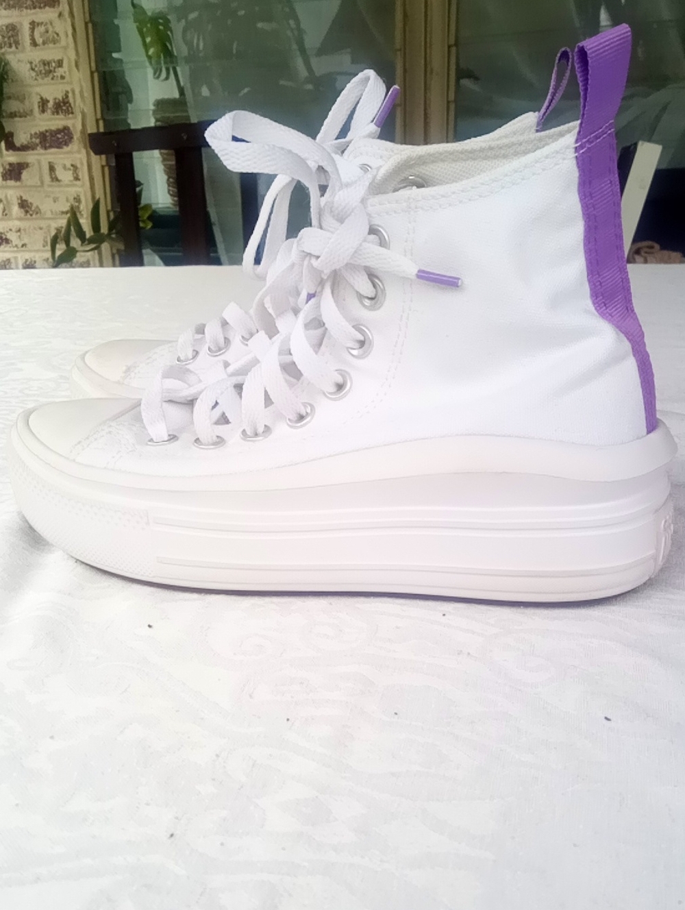 Kids White High-Top Canvas Sneakers with Purple Heel Tab